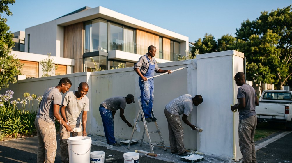 Professional team painting a boundary wall at a modern home in Green Point
