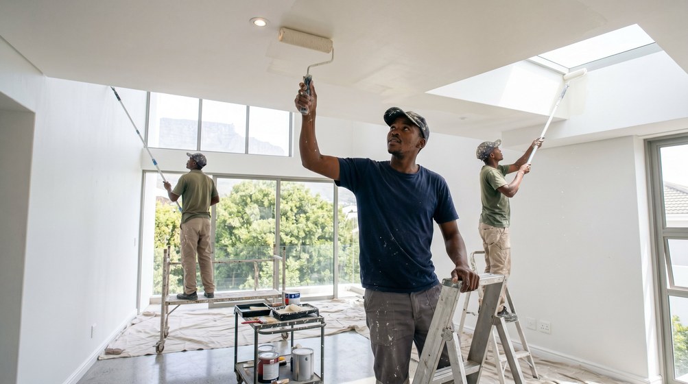 Professional ceiling painters rolling white paint onto a high ceiling in Green Point