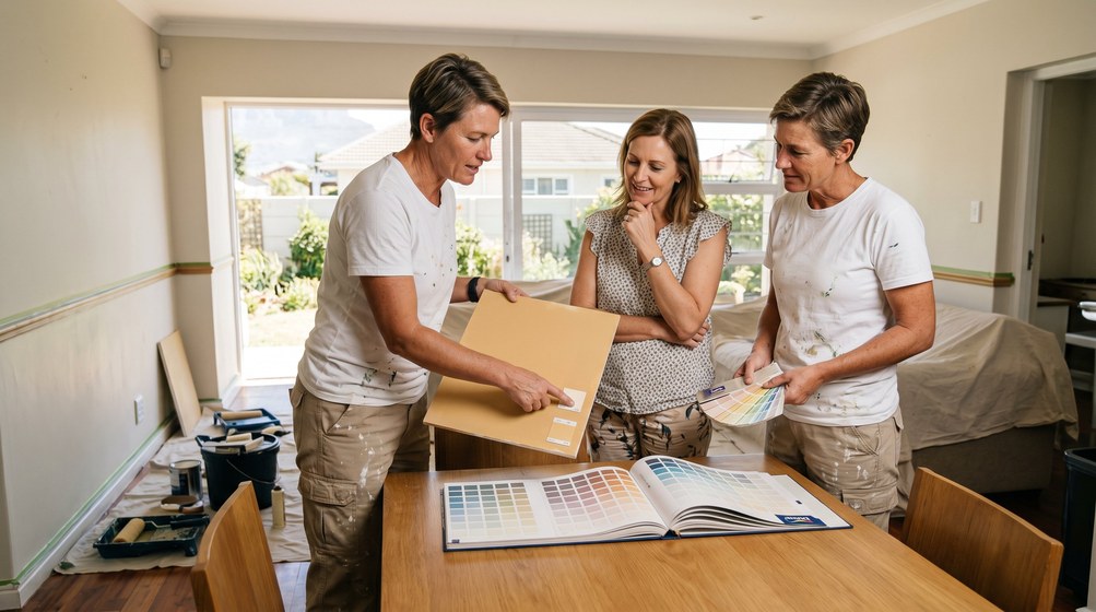 Professional colour consultant showing paint swatches to a homeowner in Green Point