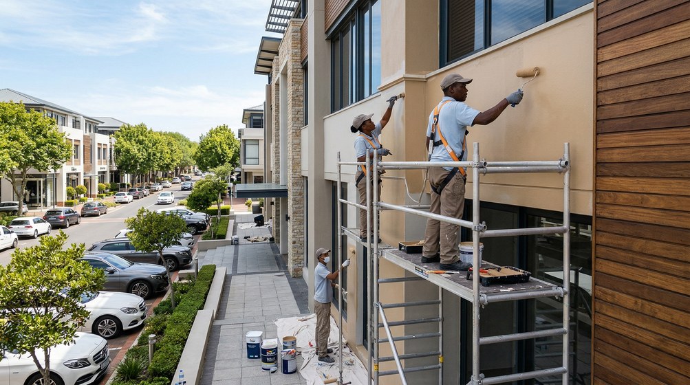 Professional commercial painters on scaffolding painting a building in Green Point