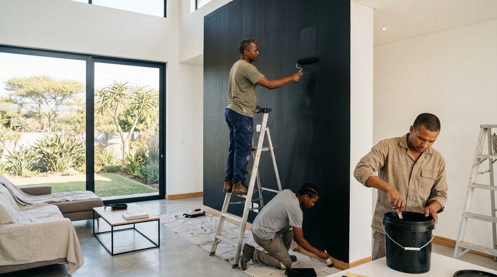 Professional painters creating a bold black feature wall in a modern Green Point home