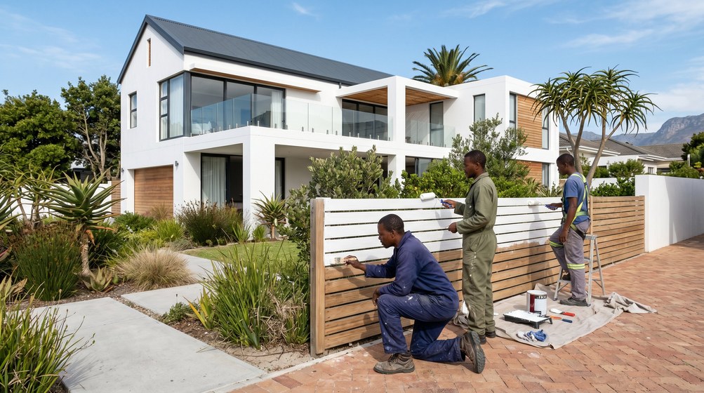Professional fence painters painting a wooden fence at a Green Point home in Green Point