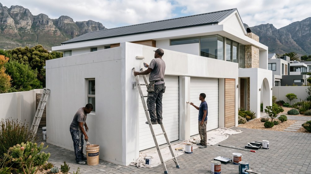 Professional painters painting a double garage exterior and garage doors in Green Point