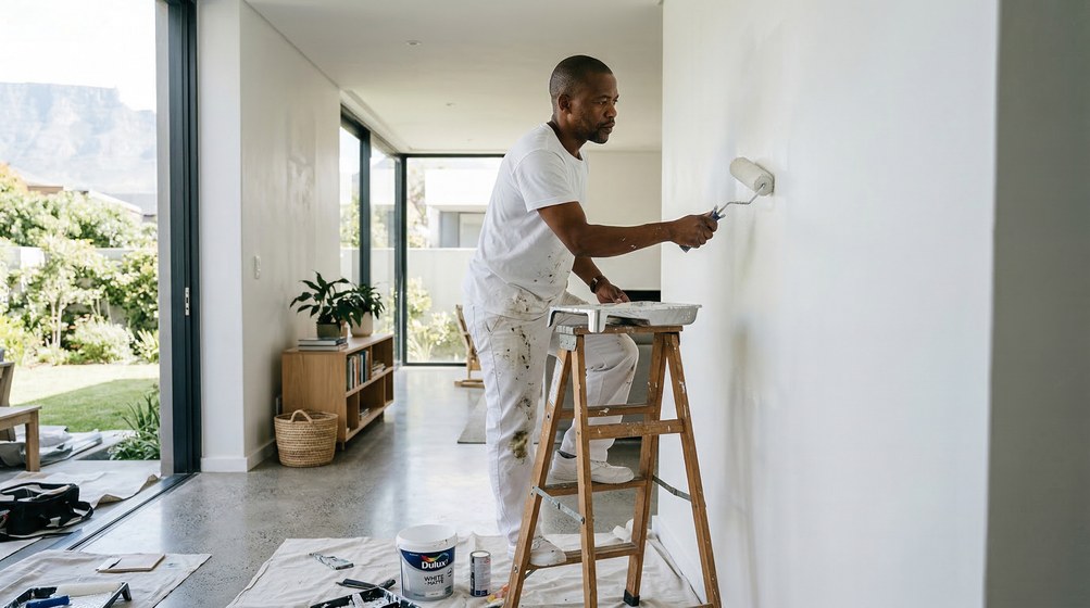 Professional interior painter in Green Point painting walls with a roller