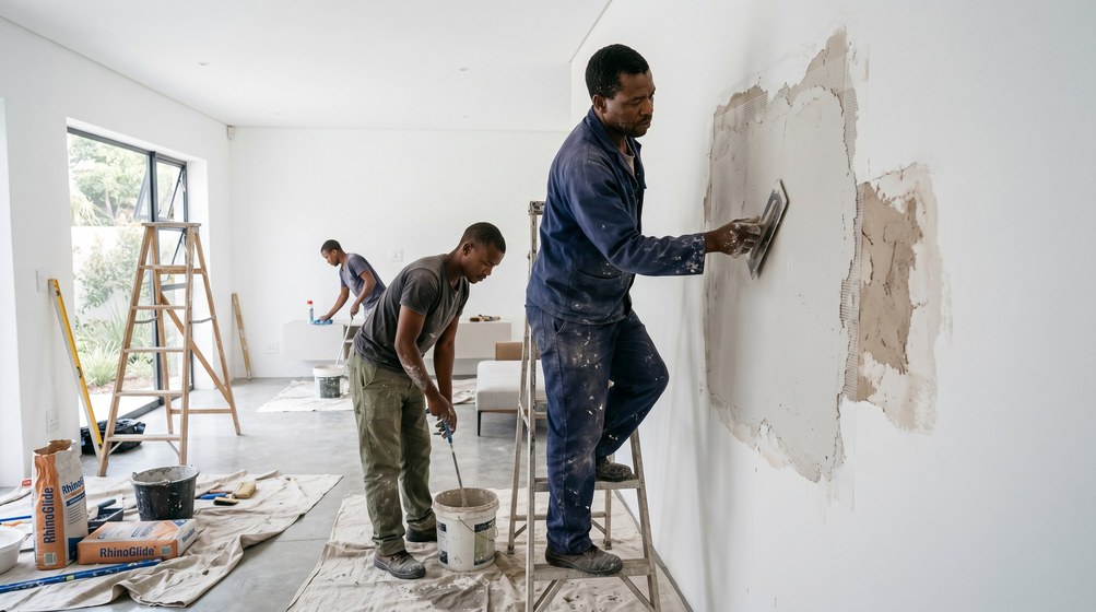 Professional plaster repair team skim coating damaged walls in Green Point