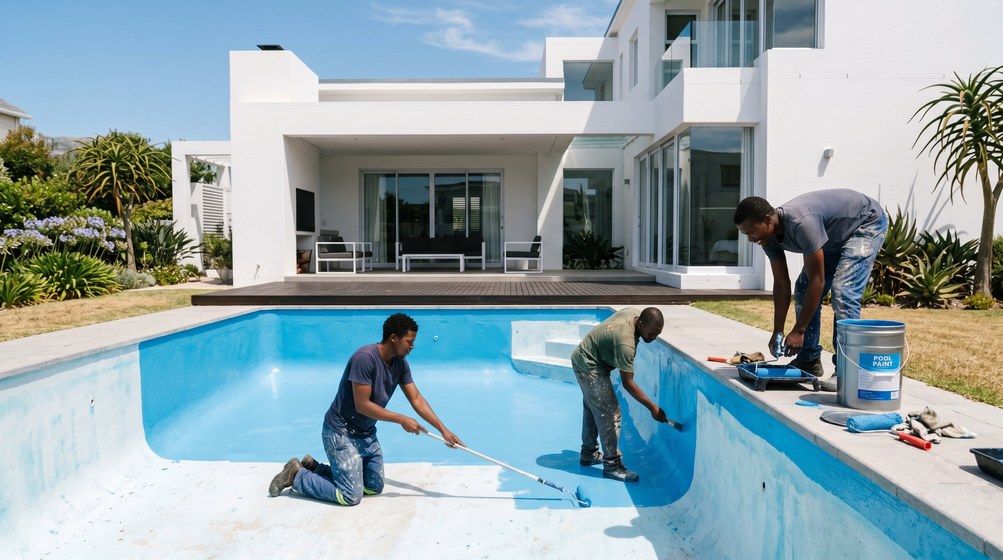 Professional pool painters applying blue pool paint to a swimming pool in Green Point