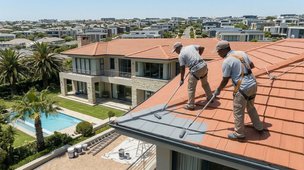 Professional roof painters applying waterproof coating to tiled roof in Green Point