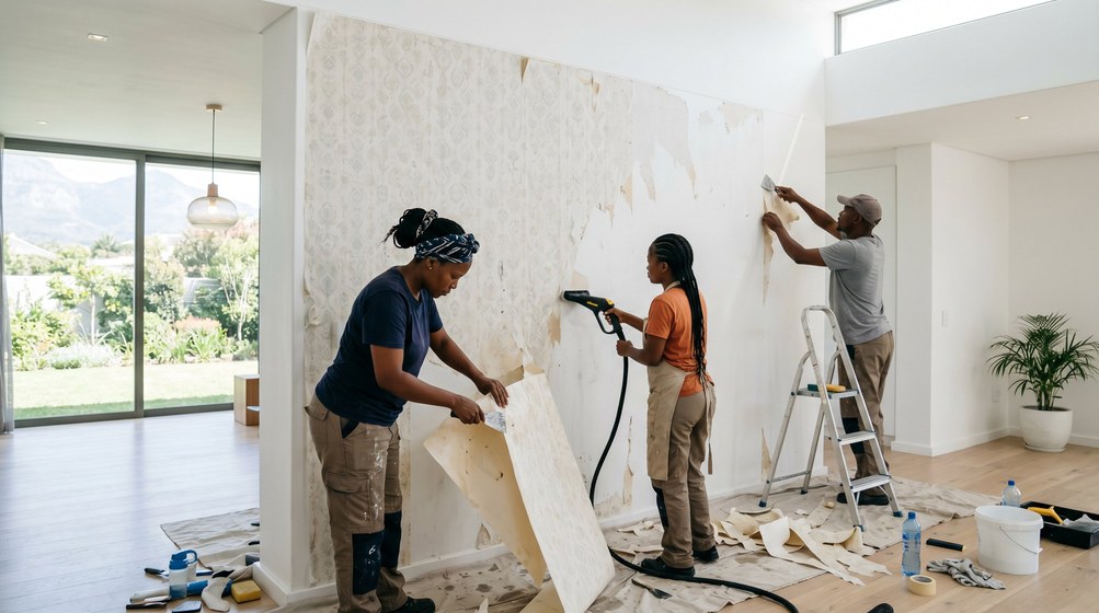 Professional wallpaper removal team stripping old wallpaper in a Green Point home