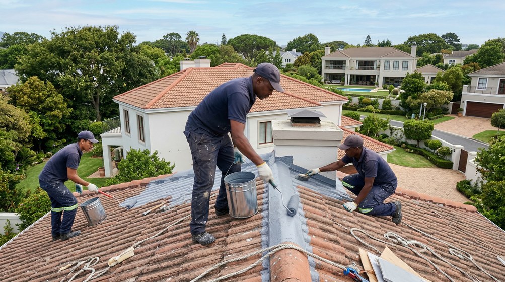 Professional waterproofing team applying membrane to roof in Green Point