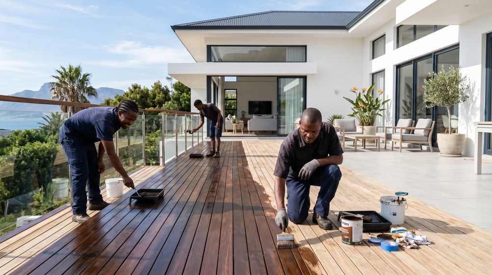 Professional wood staining team applying deck stain on a home in Green Point